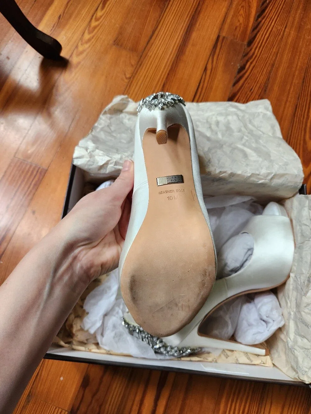 Badgley Mischka Kiara Satin Peep-Toe Heels with Crystal Back Detail
